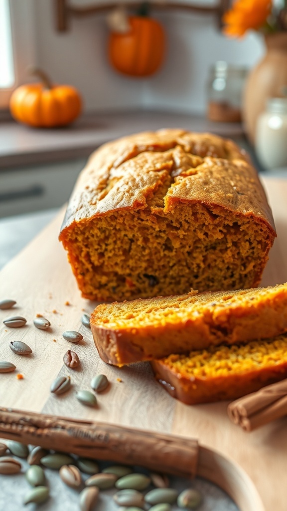 A golden brown pumpkin bread loaf sliced on a cutting board, surrounded by pumpkin seeds and cinnamon sticks.